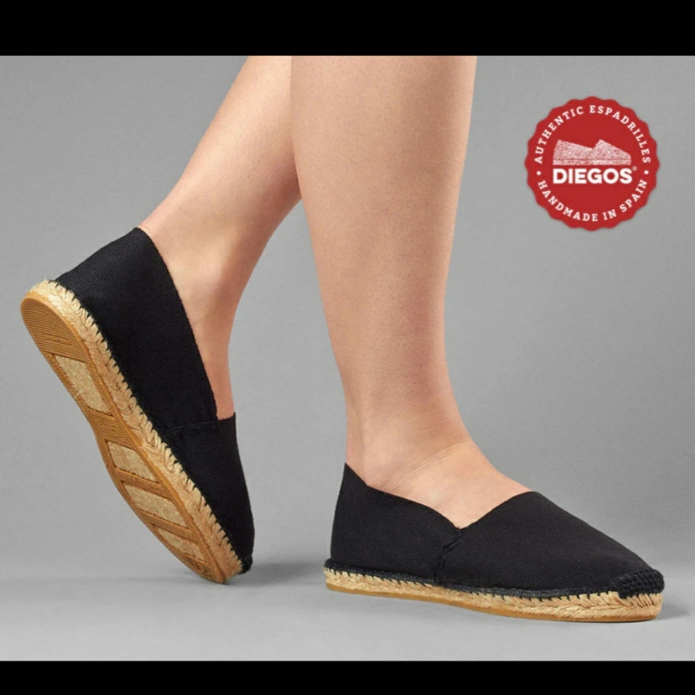 Diegos Black Flat Canvas Espadrilles Sewn In Black 100% Cotton Size 7.5